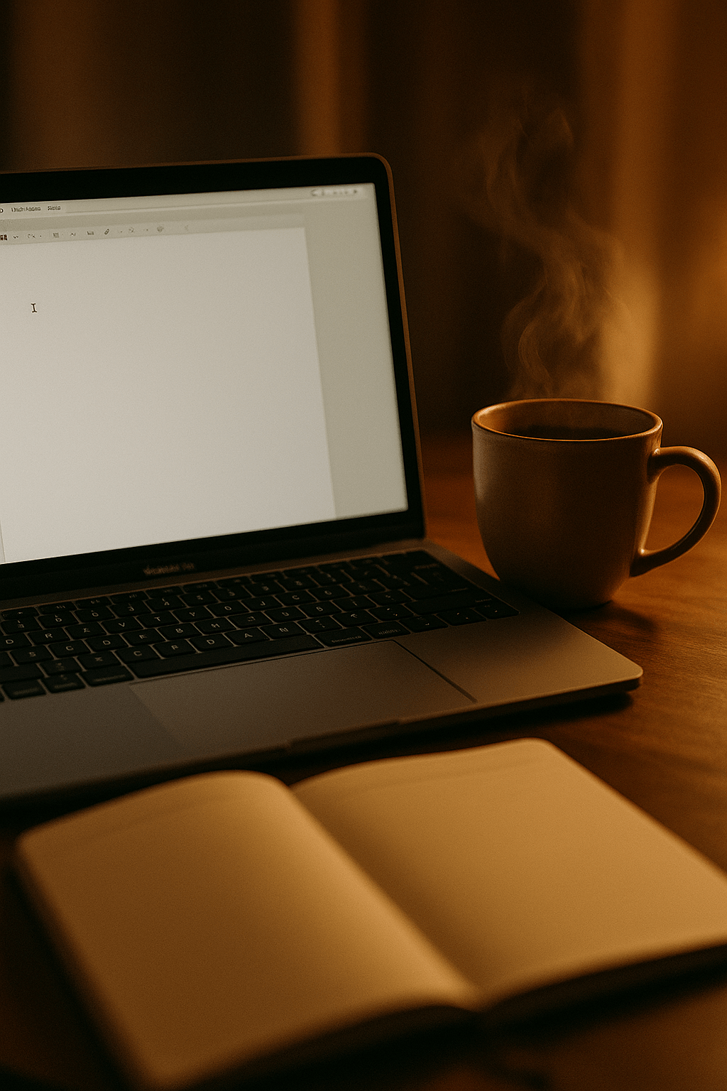 Laptop acceso, quaderno aperto e tazza su una scrivania, di notte.