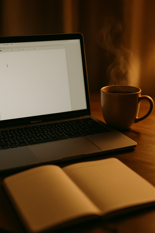 Laptop acceso, quaderno aperto e tazza su una scrivania, di notte.